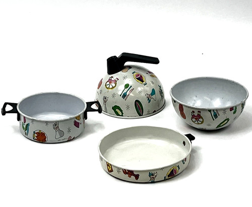 Vintage tin toy pans kettle - vintage,